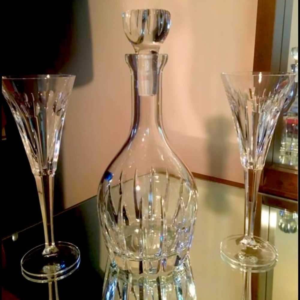 Waterford Crystal decanter, and 2 champagne flutes